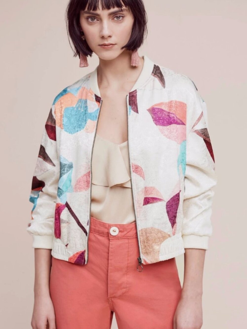 Anthropologie Elevenses Silky Satin Geometric Bomber Jacket Size S